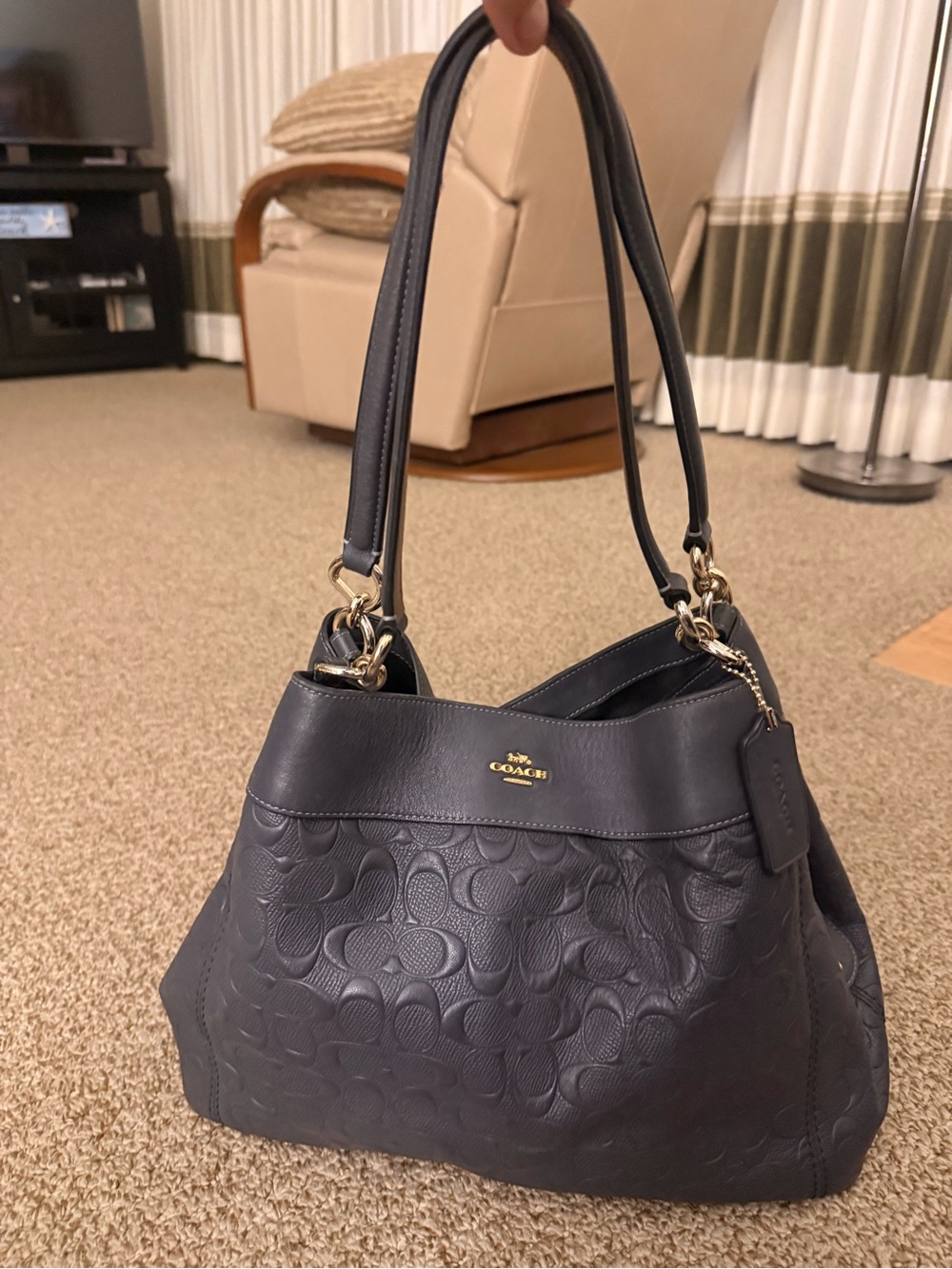 Coach Embossed Leather Shoulder Bag in Navy